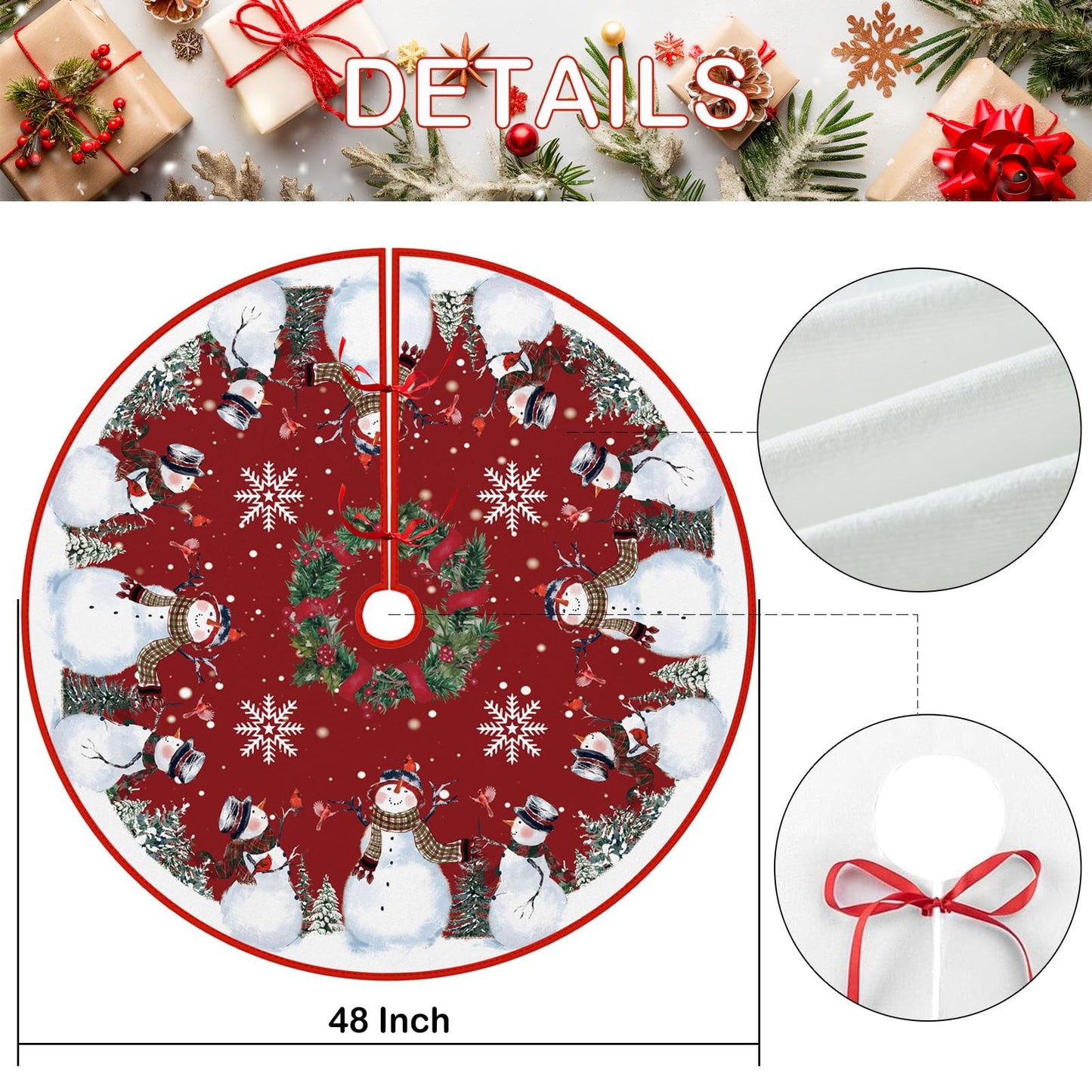 EKOREST Snowman Christmas Tree Skirt 48 Inches, Red Backgrond Snowflake Pencil Tree Skirt, Winter Xmas Tree Mat Decorations for Home Party Holiday Decorations