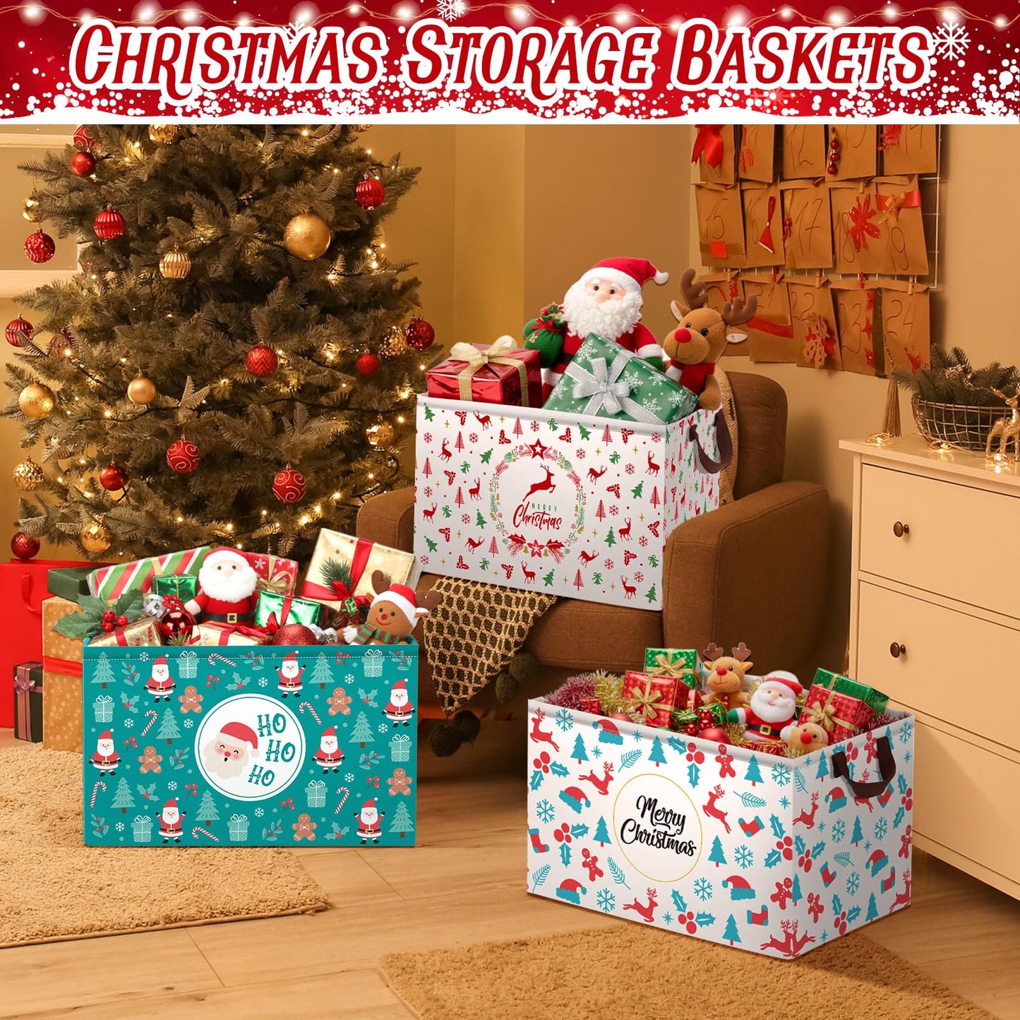 Boao 3 Pack Christmas Storage Baskets for Gifts Empty Collapsible Large Christmas Storage Bins, Xmas Canvas Laundry Basket with Handle for Office Home Bedroom Clothes Toys Holiday Decor