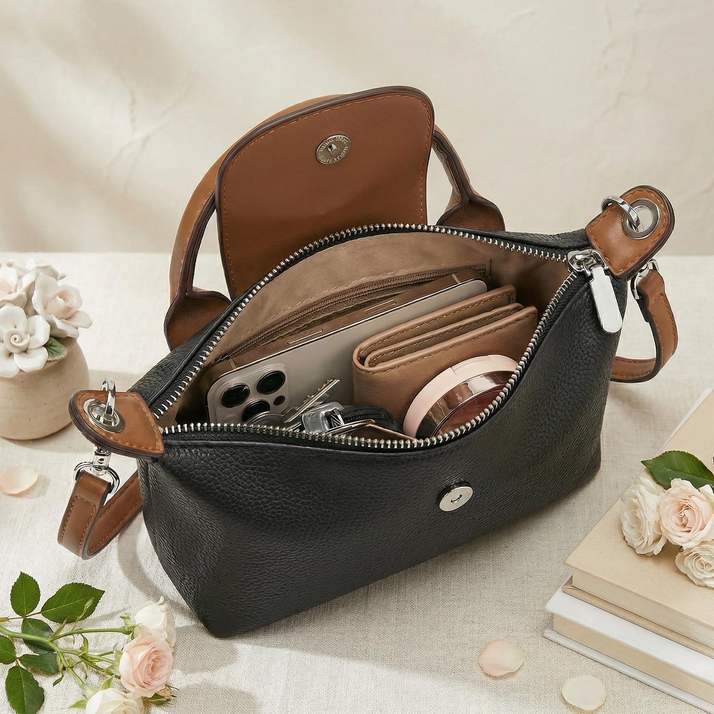 sagact Chic Dumpling Crossbody Bag for Women - Soft Vegan Leather Side Sling Pouch with Anti-Theft Hidden Pocket - Lightweight Mini Messenger Purse for Travel, Shopping and Daily Use (8.66" x 5.12")