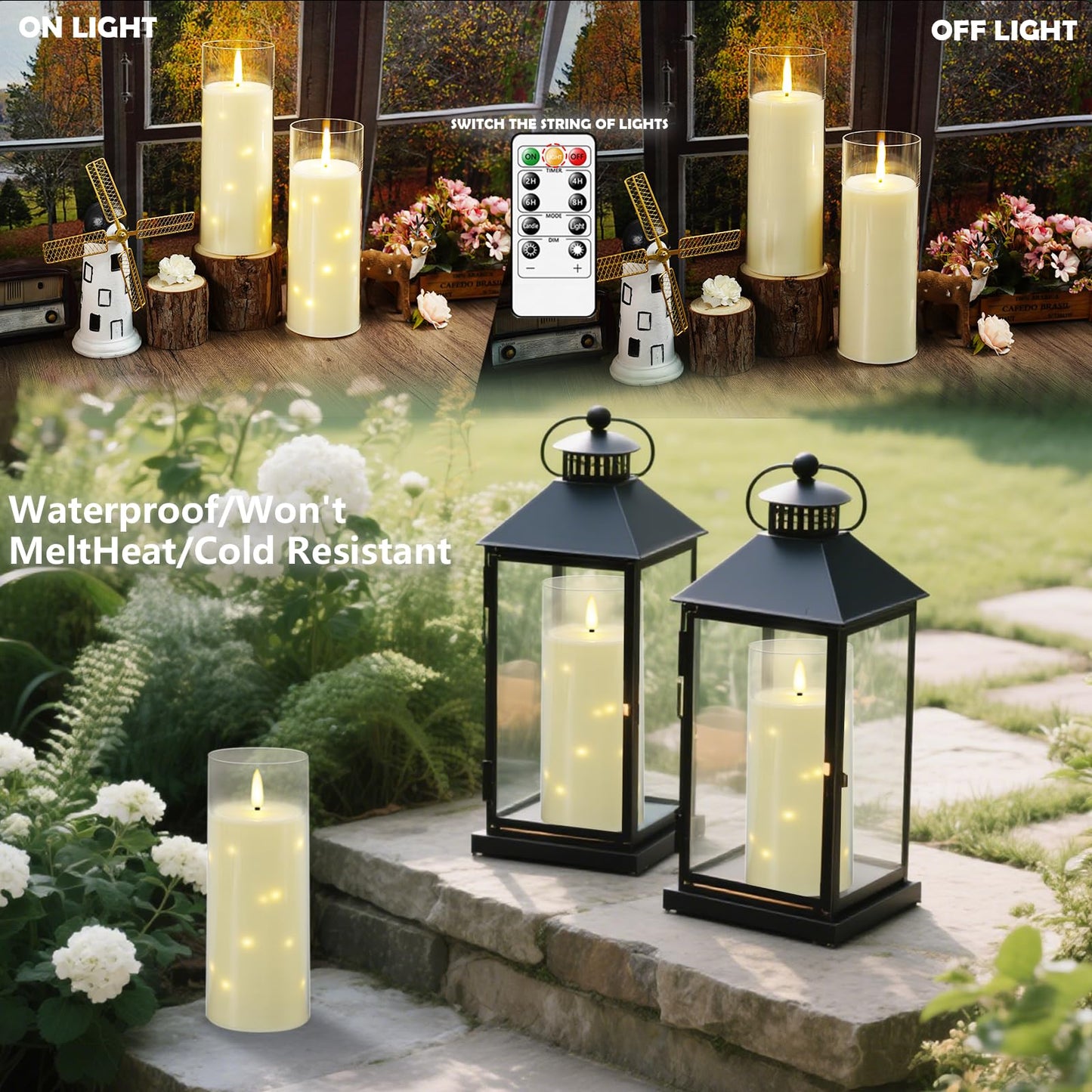 kakoya 11" x 4" Large Outdoor Waterproof Flameless LED Candles with Remote and Timer,Acrylic Pillar Candles Battery Operated with Embedded Star String for Porch,Patio,Outdoor Decor,Set of 2(Ivory)