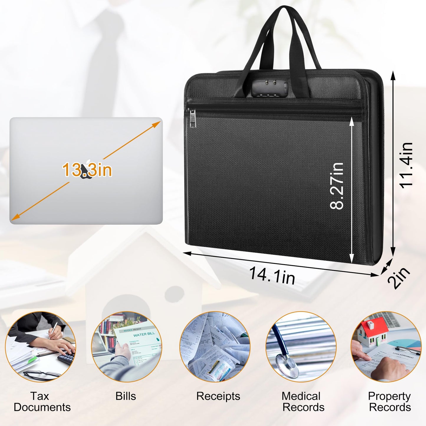 onvvippiv File Organizer Fireproof Expanding Accordion File Folder with Lock Zipper Labels13 Pockets Document Organizer Holder Storage Box Bag for Business Office Receipt Home Travel