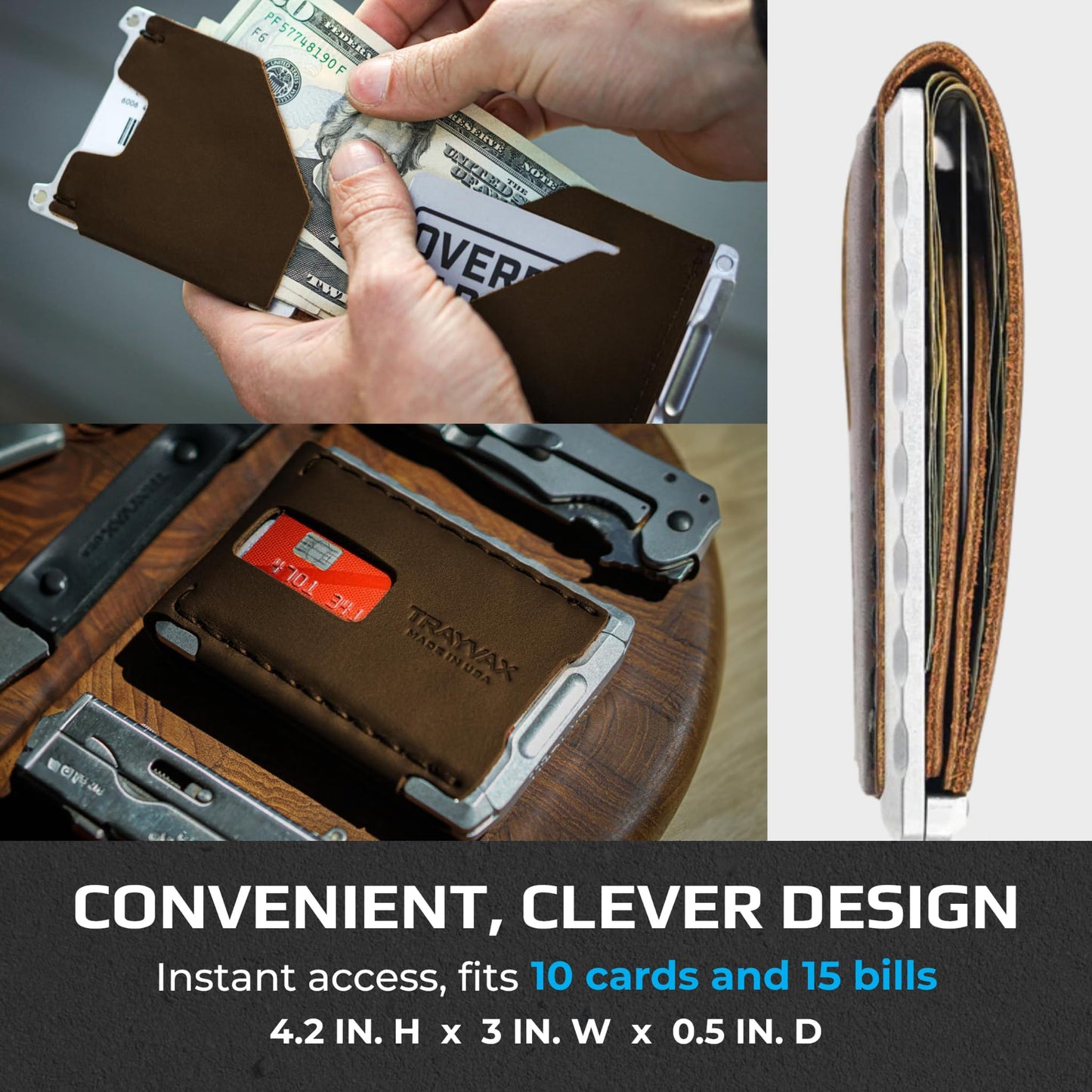 Trayvax Venture Billfold Wallet, Front Pocket Money and Credit Card Holder, Minimalist Slim Leather Metal Wallet for Men and Women, Frontier Brown Leather