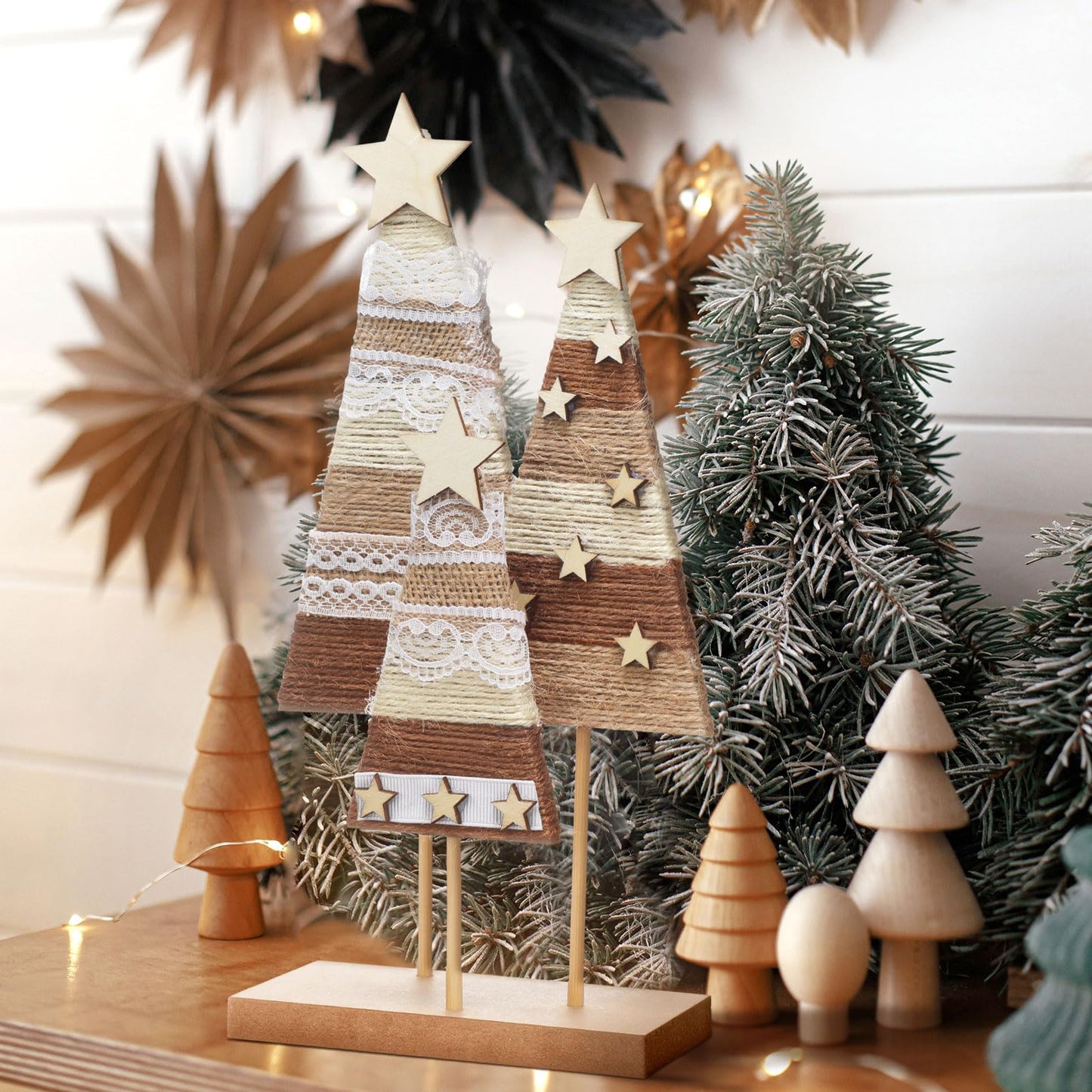 Cinnvoice Farmhouse Wooden Christmas Trees Tabletop Decorations Boho Christmas Tabletop Decor Rustic Wood Xmas Trees Hemp Rope Centerpieces Table Signs Home Decor for Shelf Windowsill