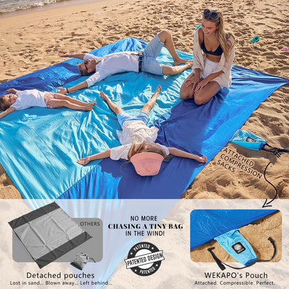 Wekapo Beach Blanket Sandproof, Beach Mat, Big & Compact Sand Free Mat Quick Drying, Lightweight & Durable with 6 Stakes & 4 Corner Pockets, Standard (1~3 person)