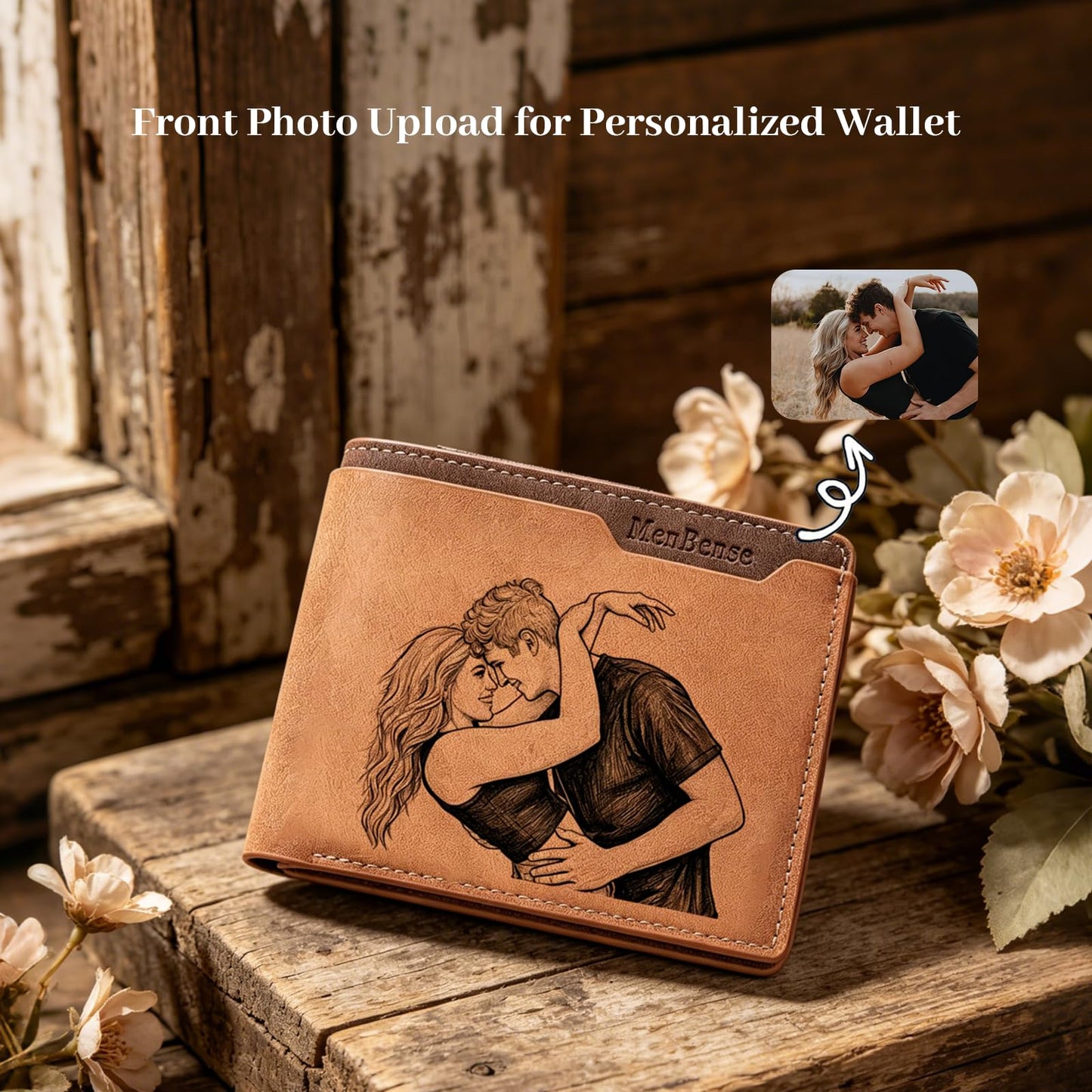 YVD Personalized Wallets for Men, Custom Photo Picture Engraved Bifold Wallet, Premium PU Leather Mens Wallet, Anniversary Birthday Gifts for Husband Dad Him (Light Brown)