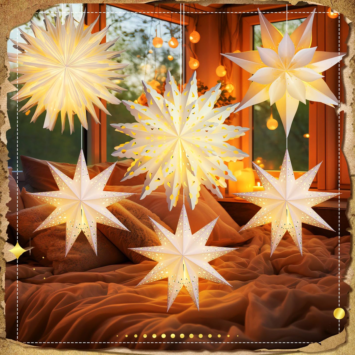 Watersay 6 Pack Winter Snowflake Paper Lantern Star Paper Lanterns with 6 LED Light White Hanging Lamp Ornaments for Christmas Winter Weddings Birthday Holiday Party Decoration(Classic Style)