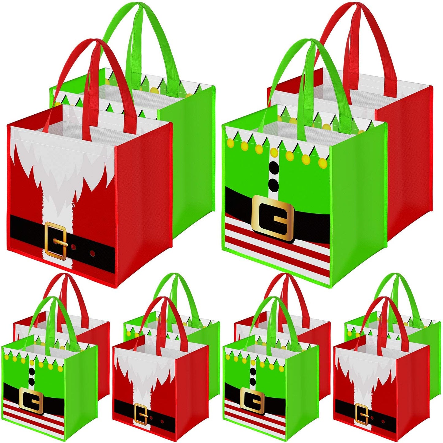 Aneco 12 Pack Christmas Non-woven Bags 9.8 x 7.8 x 9.8 Inches Santa Claus Elves Suit Prints Xmas Gift Bags Holiday Present Party Bag Non woven Treat Storage Sack for Christmas Party Celebrations
