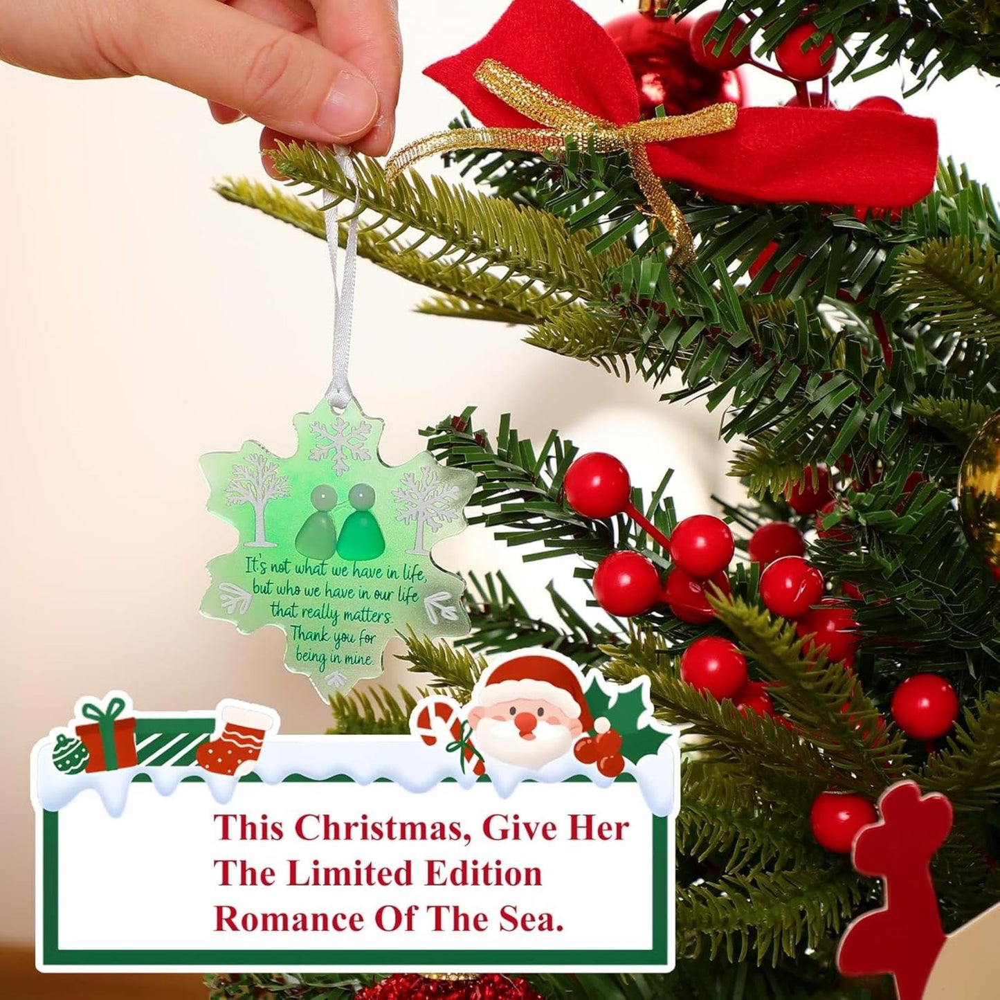 Friendship Snowflake Keepsake Ornament, Sea Glass Friendship Decor, Christmas Tree Seaglass Heart-Shaped Hanging Decorations for Best Friends, Friendsgiving Gifts for Bestie(2pcs B)