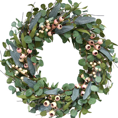 Bibelot 20inch Artificial Eucalyptus Wreath Green Leaves White Berry Big Berries Wreath for Front Door All Seasons Decoration Year Round Decor Home Decor