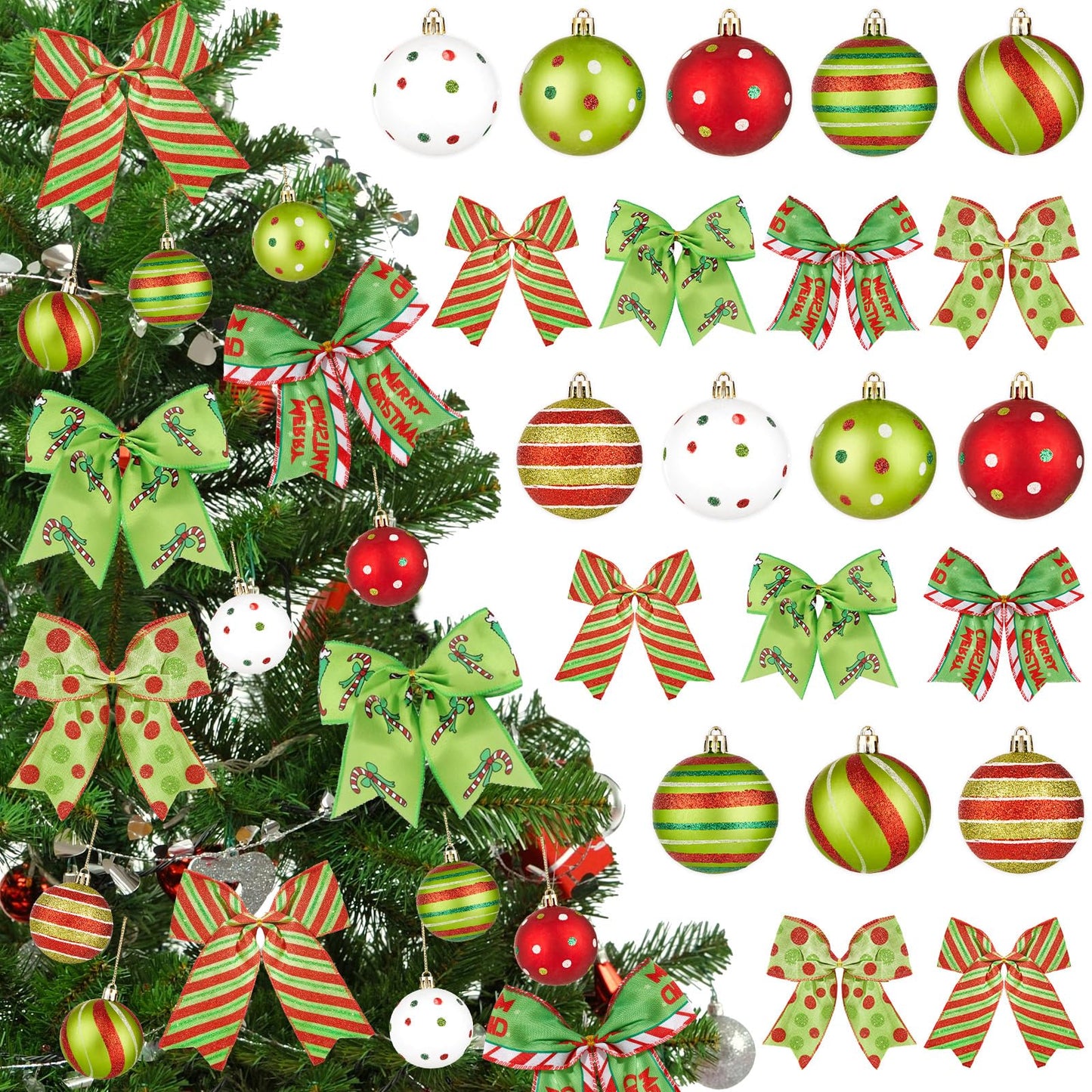 24 Pcs Red Green Christmas Tree Ornaments Set Large Wreath Bows and Red Green Glittering Christmas Ball Ornaments Swirl Candy Cane Peppermint Elf Hanging Decorations for Xmas Holiday Party Home Decor