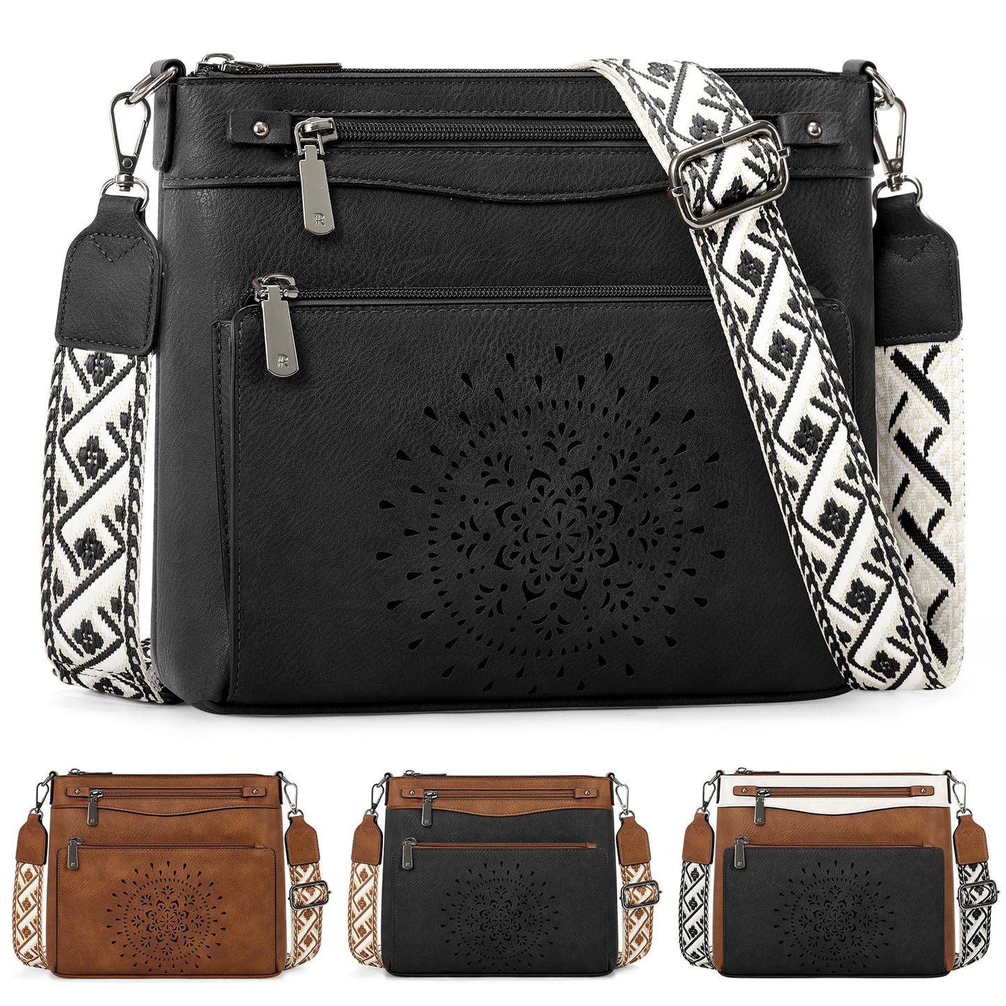 RAINSMORE Crossbody Bags for Women Leather Medium Crossbody Purse with Card Slots & Adjustable Strap Water-Resistant Womens Shoulder Handbag for Work Travel, Black