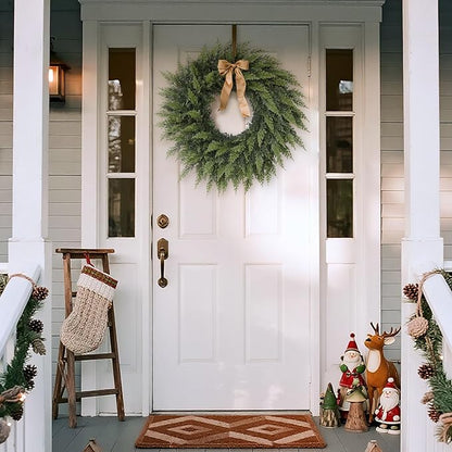 24" Real Touch Artificial Cedar Wreath - Faux Christmas Wreaths for Front Door,Faux Pine Green Wreath for Home, Holiday, Fireplace, Mantle,Wall, Windows, Xmas, Outdoor Decoration