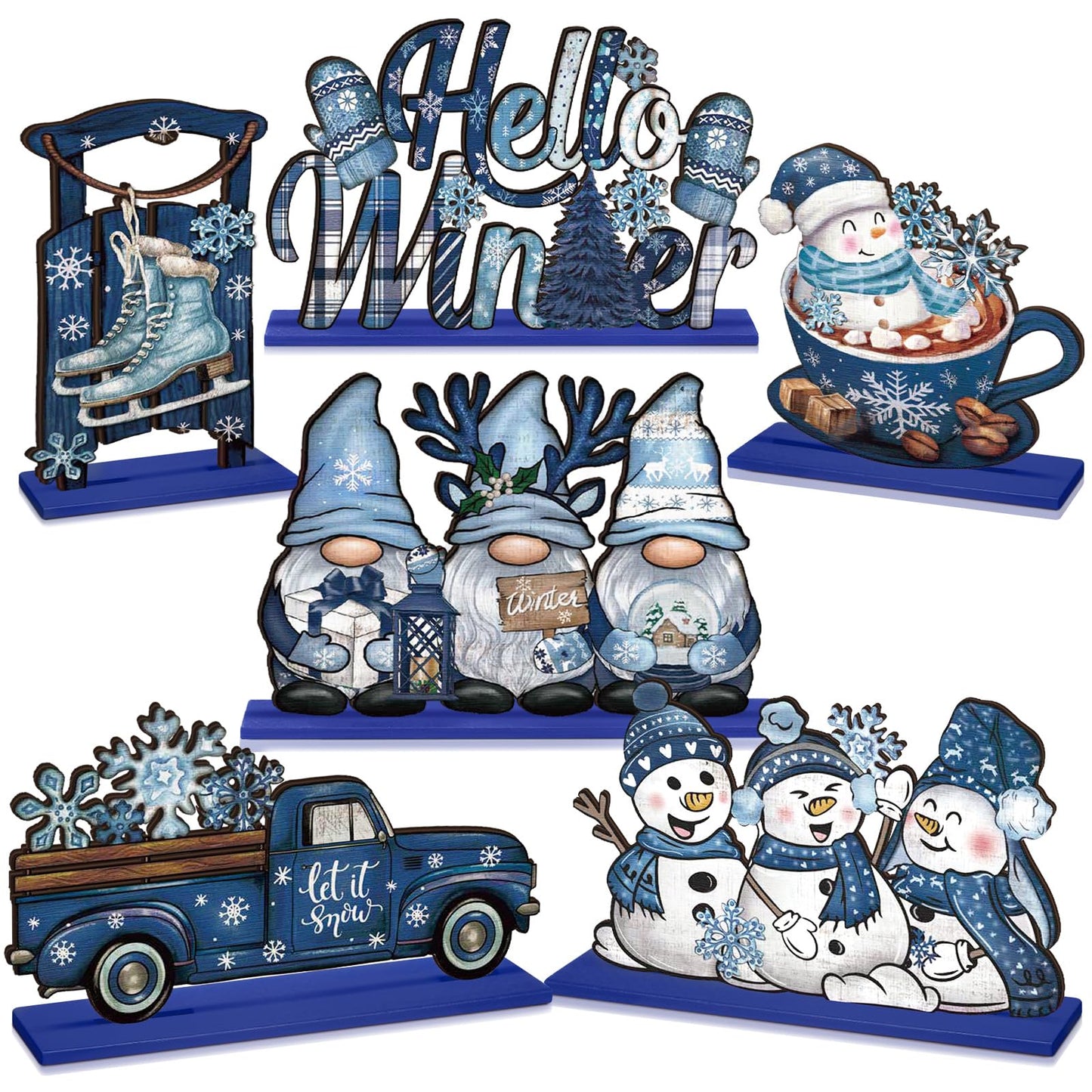 Realspring 6 Pcs Winter Wooden Table Decor Blue Winter Wood Snowman Decorative Gnome Truck Centerpieces Tiered Tray Decor for Kitchen Office Home