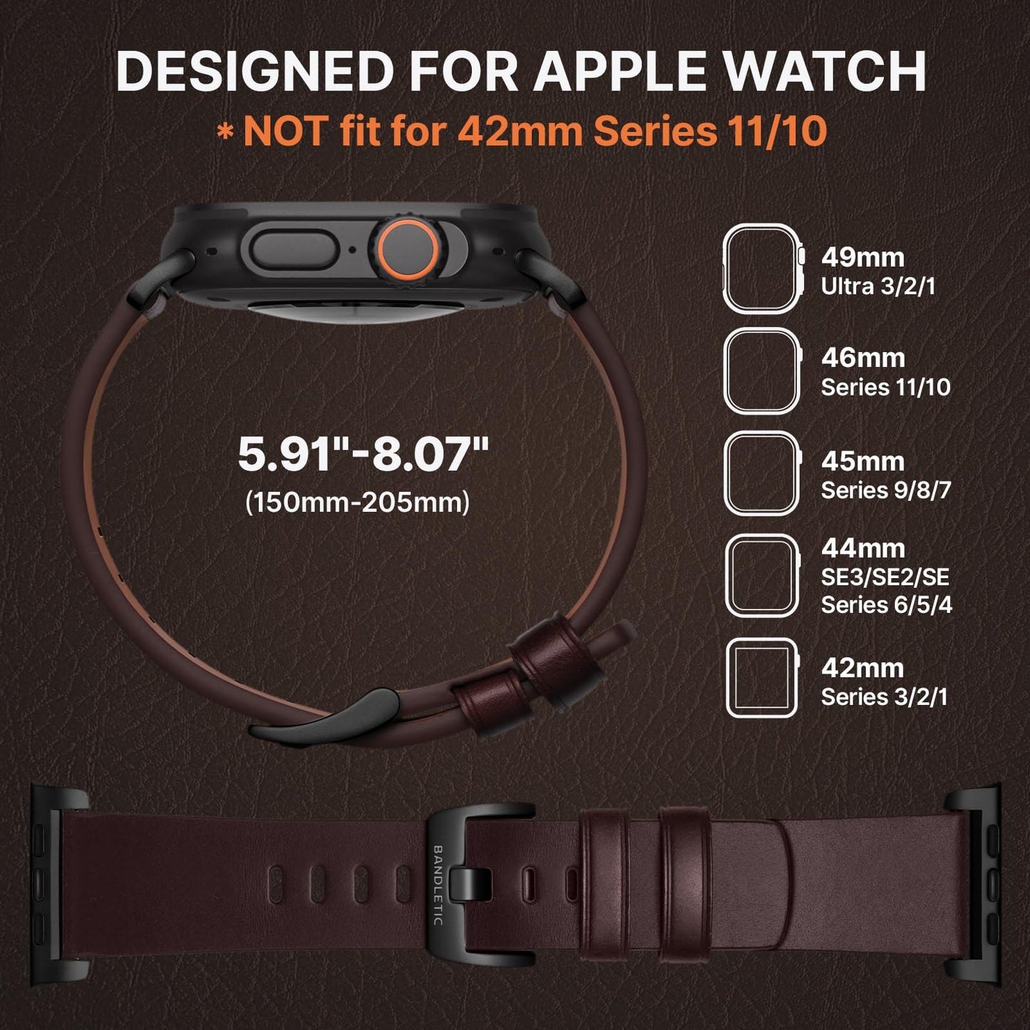 Bandletic Compatible with Apple Watch Ultra 2 Band for Men Women, Soft Genuine Leather Bands Replacement Strap for iWatch 49mm(Ultra 3/2/1),46mm(11/10),45mm(9/8/7),44mm(SE3/SE2/SE/6/5/4),42mm(3/2/1)