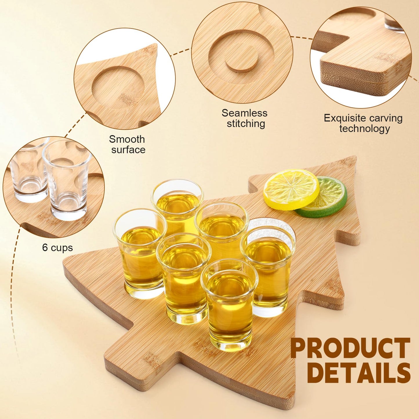 Funnymoom Christmas Tree Mexican Tequila Shot Board with Glasses Set Christmas Wooden Serving Tray with 6 Shot Glasses and Salt Lemon Rim Mexican Tequila Gifts for Xmas Holiday Liquor Party