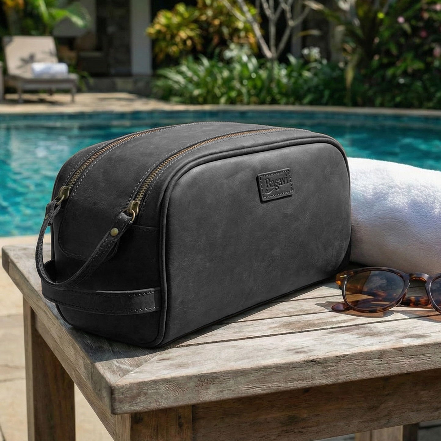 Rasavi Genuine Leather Travel Toiletry Bag, Handcrafted Vintage Water-Resistance Dopp Kit, Large Shaving & Bathroom Organizer - Gift for Men & Women - Black