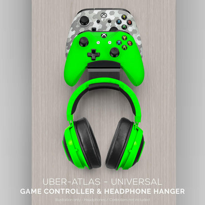 BRAINWAVZ The UberAtlas Dual Game Controller & Headphone Stand Wall Mount Holder for Xbox ONE, Series X, PS5, PS4, PS3, Switch, STEELSERIES Gamepad & More, Stay Organized No Screws