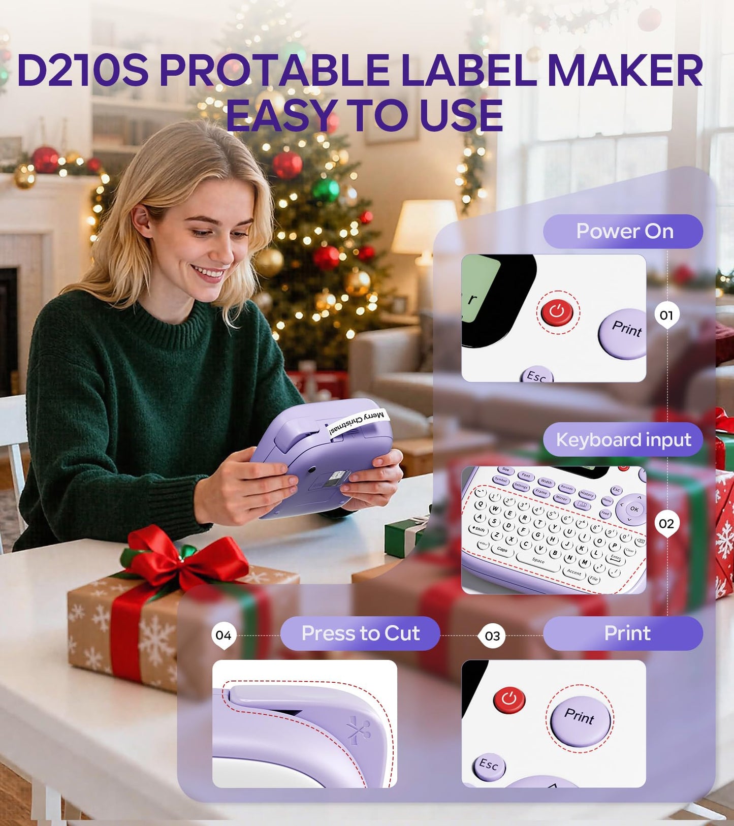 Label Maker Machine with Tapes, Label Maker Waterproof-Labels, Portable D210S Labeler Machine with Tapes 4PK Bundle 12mm 0.47 Laminated White, Wireless Labeling Machine for Jars Bottle School Supplies