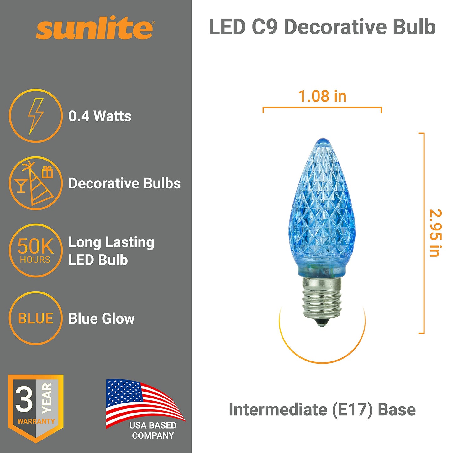 Sunlite 80705 LED C9, Holiday Decorative Light Bulb, 0.4 Watts, E17 Intermediate Base, Faceted Christmas-Lights; Nightlight, Blue