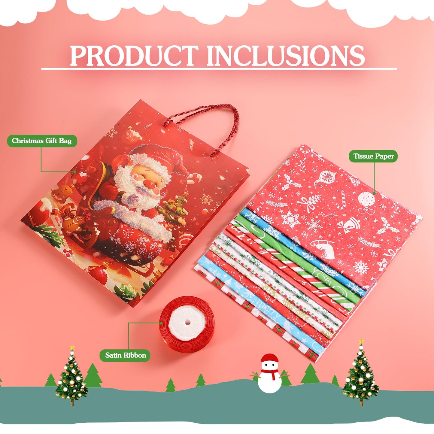 Rusikia 12 Christmas Gift Bags with 12 Tissues Paper 1 Satin Ribbon - Small