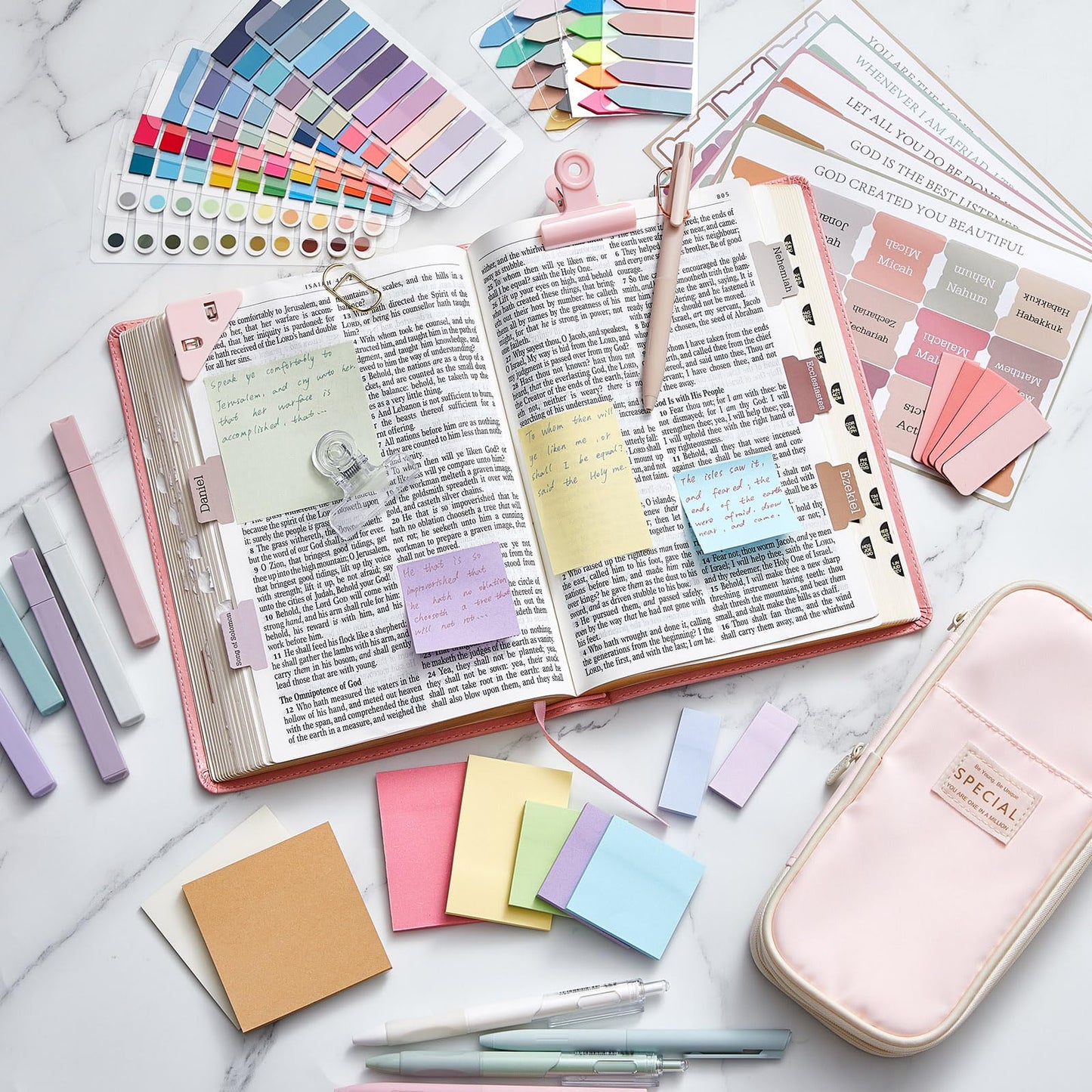 Chiisong 73 Pcs Aesthetic Bible Journaling Study Supplies Book Annotation Kit Pencil Case 12 Highlighters 14 Sticky Notes 5 Gel Pens 6 Press Pens 12 Labels for Christmas Bible School Gift(Pink)
