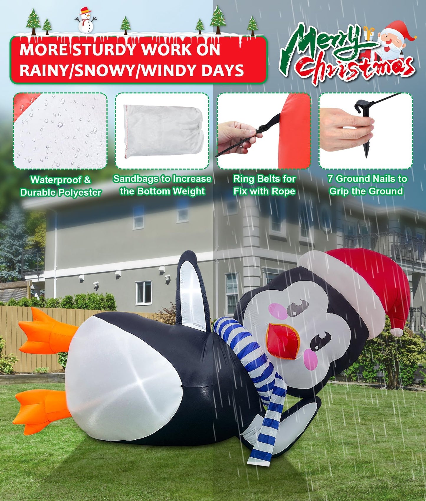 10Ft Christmas Inflatables Outdoor Decoration, Inflatable Penguin with Scarf Laying Down Christmas Blow Ups Yard Decoration for Garden, Lawn, Home Xmas Holiday Season Decor