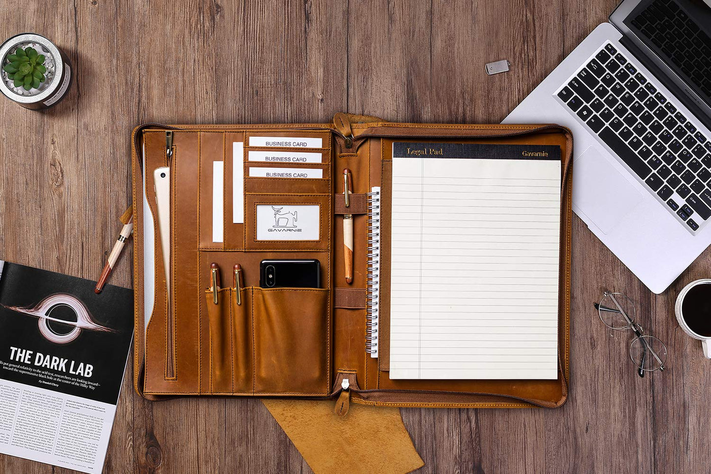 Gavarnie Genuine Leather Professioal Business Portfolio Padfolio Folder with Zipper for Men and Women,Work Portfolio for Letter Size Notepad, for Meeting and Travel, Brown