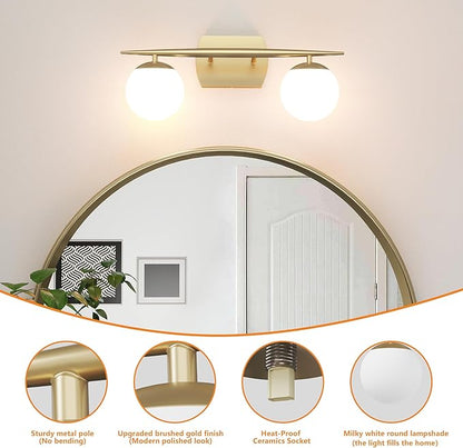 Gold Vanity Lights for Bathroom, 2-Light 20 Inch Bathroom Lighting Fixtures over Mirror with Milky White Frosted Glass Shades, Wall Sconces for Bathroom, Bedroom, Living Room(G9 Bulb not Included)