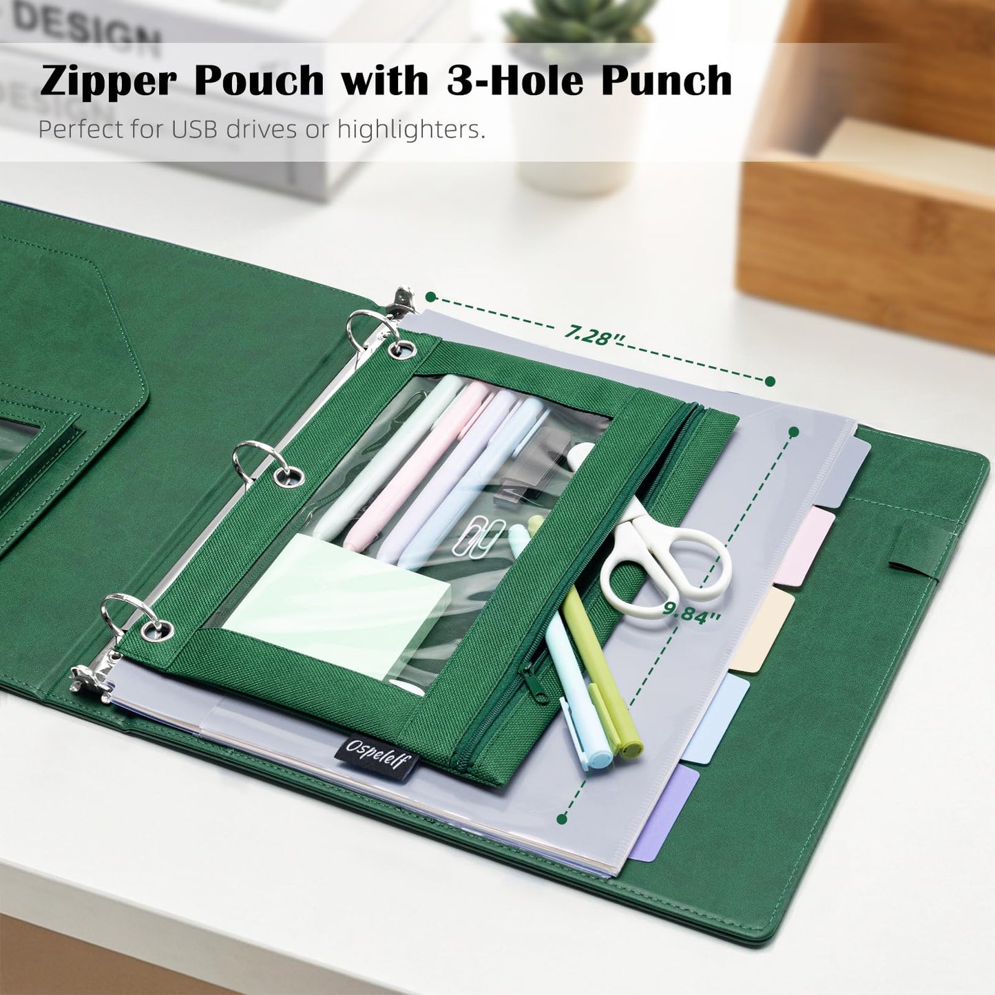 Ospelelf Green Leather 3 Ring Binder 1 Inch Round Ring, Magnetic Clipboard Folio with Storage Zipper Pouch, 5 Dividers with 10 Pockets, Professional Binder for School Office Nursing