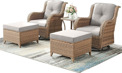 Rilyson Patio Furniture Swivel Chairs Set - 5 Piece Rattan Wicker Outdoor Sectional Conversation Sets with 2 Swivel Rocking Chairs,2 Ottomans and 1 Side Table for Porch Deck Garden(Yellow/Beige)