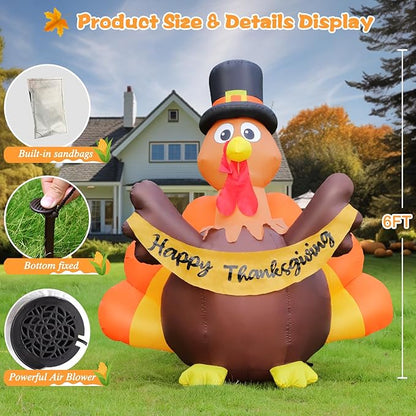 6FT Thanksgiving Inflatables Turkey Outdoor Decorations, Blow Up Turkey with Colorful Tail & Pilgrim Hat Built-in LED Lights for Family Lawn Yard Garden Fall Party House Harvest Holiday Decor