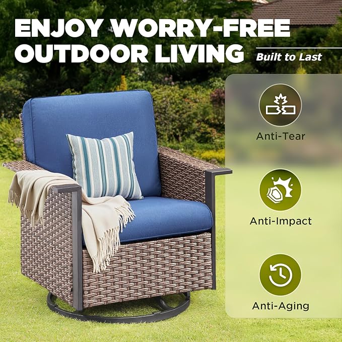 Outdoor Patio Furniture Set-5 Pieces All-Weather Wicker Patio Furniture with Outdoor Swivel Rocking Chairs Set of 2,Outdoor Patio Conversation Sets for Garden Porch Deck Brown/Blue