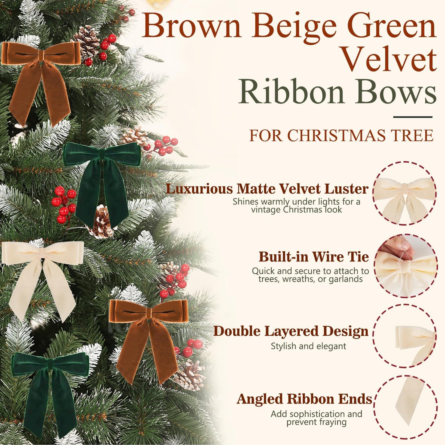 12Pcs Velvet Bows for Christmas Tree, Brown Beige Green Bow Christmas Decorations with Twist Tie, Mix Velvet Bow Ornaments Bulk for Wreath Garland Gift Wrapping Wedding Champagne Parties, 6x6in