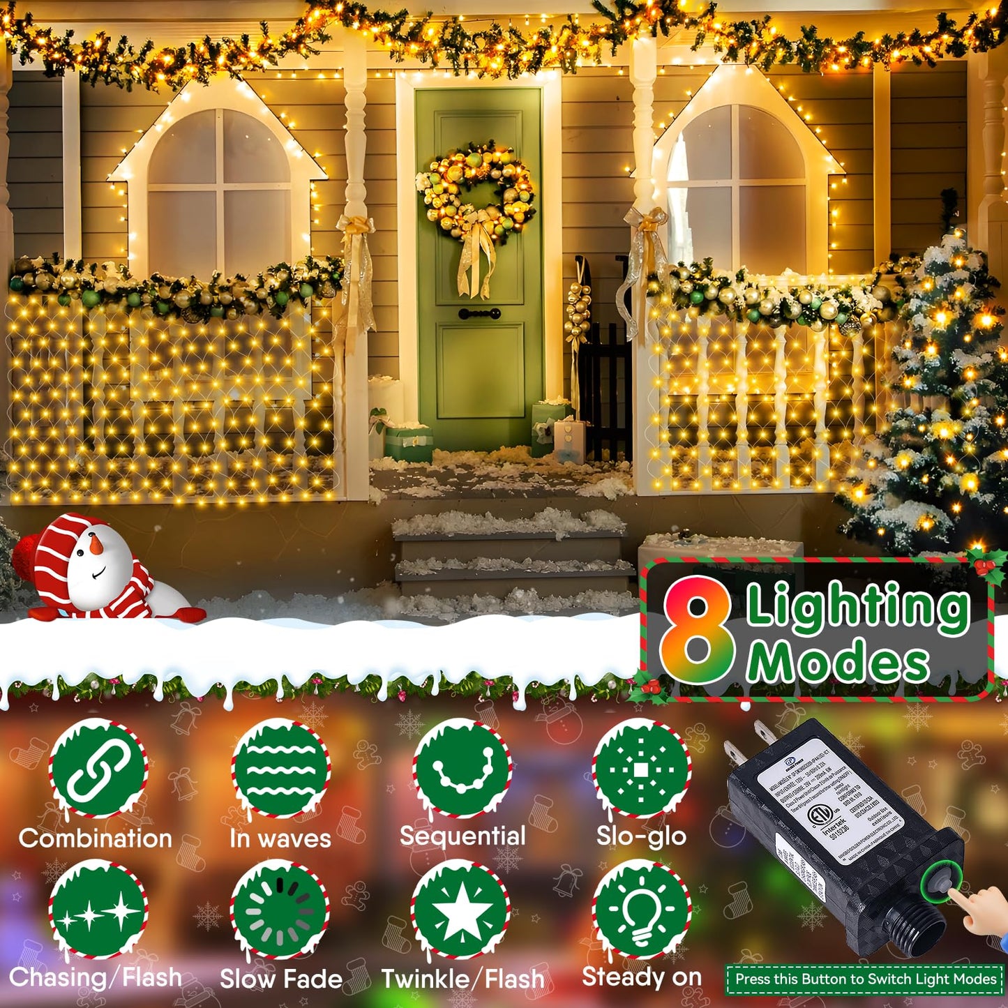 Hezbjiti Christmas Net Lights Outdoor 200 LED 6.9FT x 5.4FT Clear Wire with 8 Modes, Connectable Plug in Waterproof, Timer Memory Function for Xmas Tree Bushes Porch Lawn Windows Decor（Warm White）