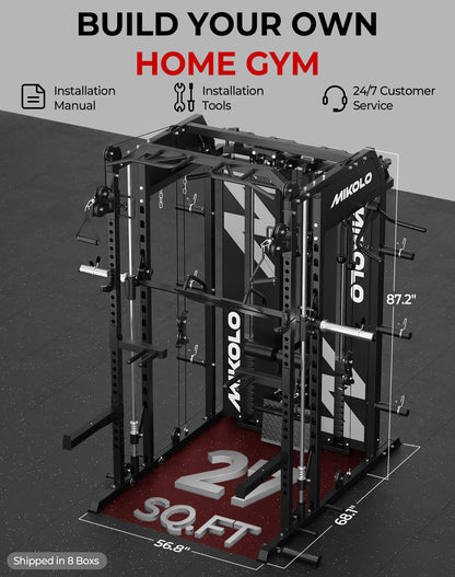 Mikolo Smith Machine with Weight Stack, Power Cage Home Gym System with LAT Pulldown & Cable Crossover, Multi-Functional Trainer with Dual Pulley System, BP 230lbs