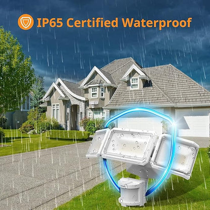 LEPOWER Battery Powered LED Flood Light Outdoor,1500LM Motion Sensor Security Lights, IP65 Waterproof,Wireless Flood Light Battery Operated,3 Head Motion Detector Light for Garage,Yard,Porch(White)