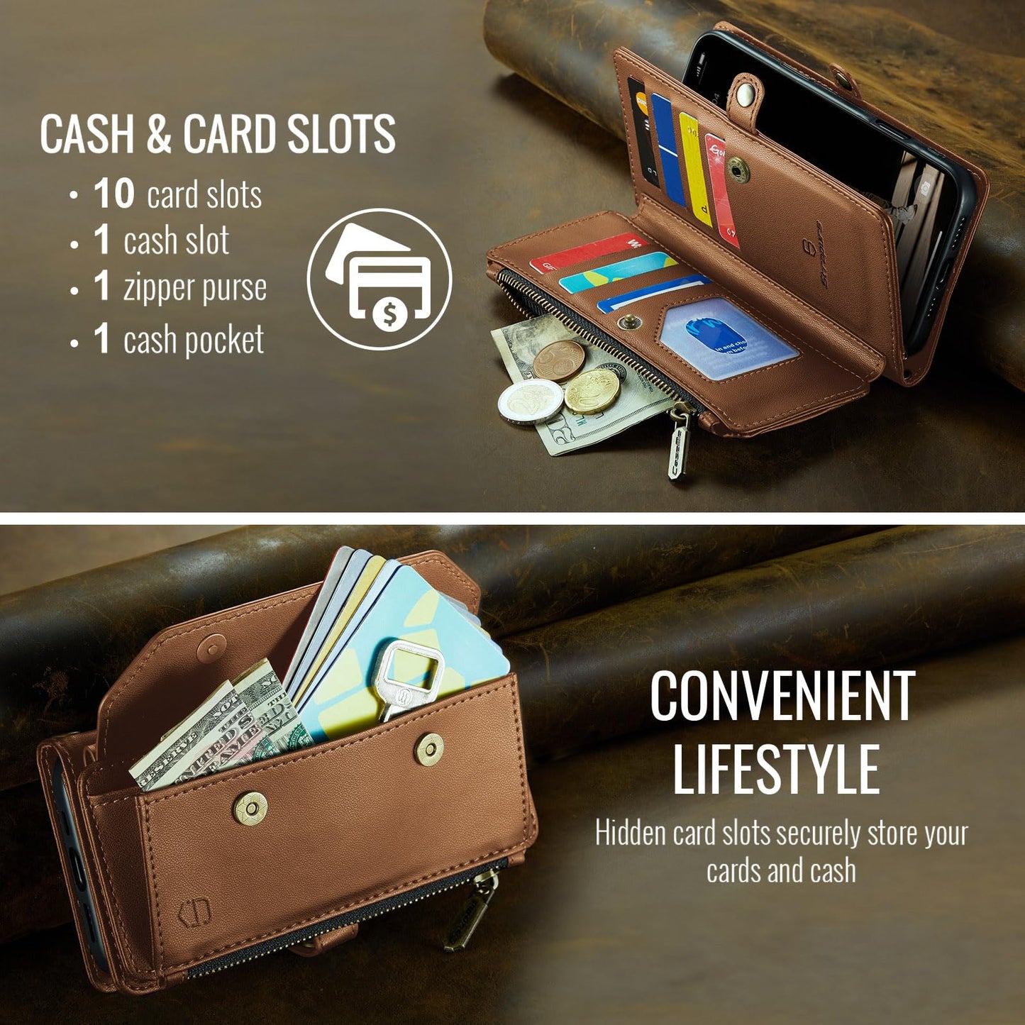 Strapurs Wallet Case Compatible with iPhone 15 Pro Max RFID Blocking 10-Card Holder Soft PU Leather Magnetic Snap Shoulder Strap Zipper Pocket Phone Case Fit for iPhone 15 Pro Max 6.7" - Brown