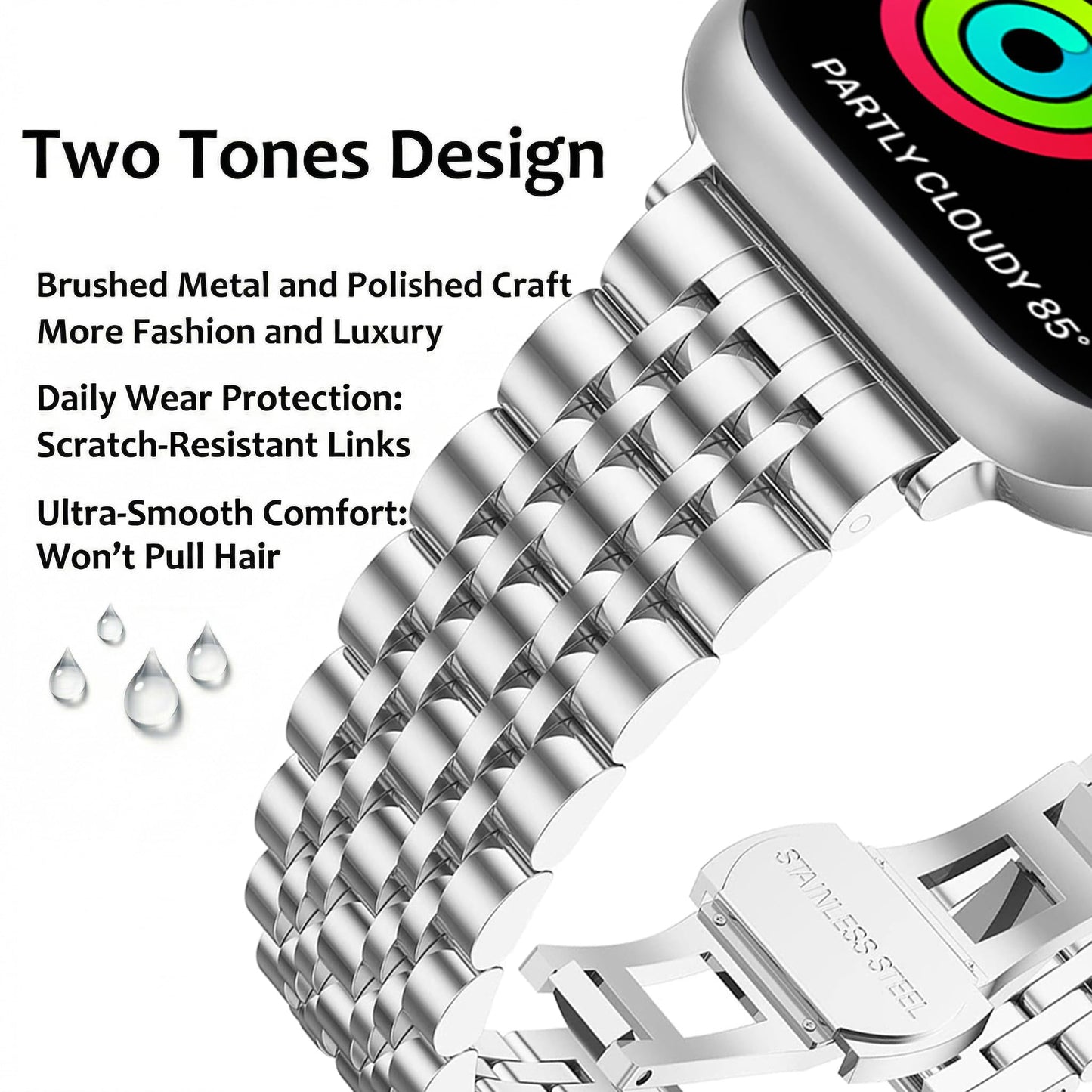 PUGO TOP Luxury Stainless Steel Band Compatible with Apple Watch Ultra 3/2/1 (49mm) & Series 11 10 9 8-1 SE 3/2/1 (46/45/44/42/41/40/38mm), Professional Business Dressy Metal Strap with Butterfly Clasp for Men Women, Adjustable Link Two-Tone Bracelet with