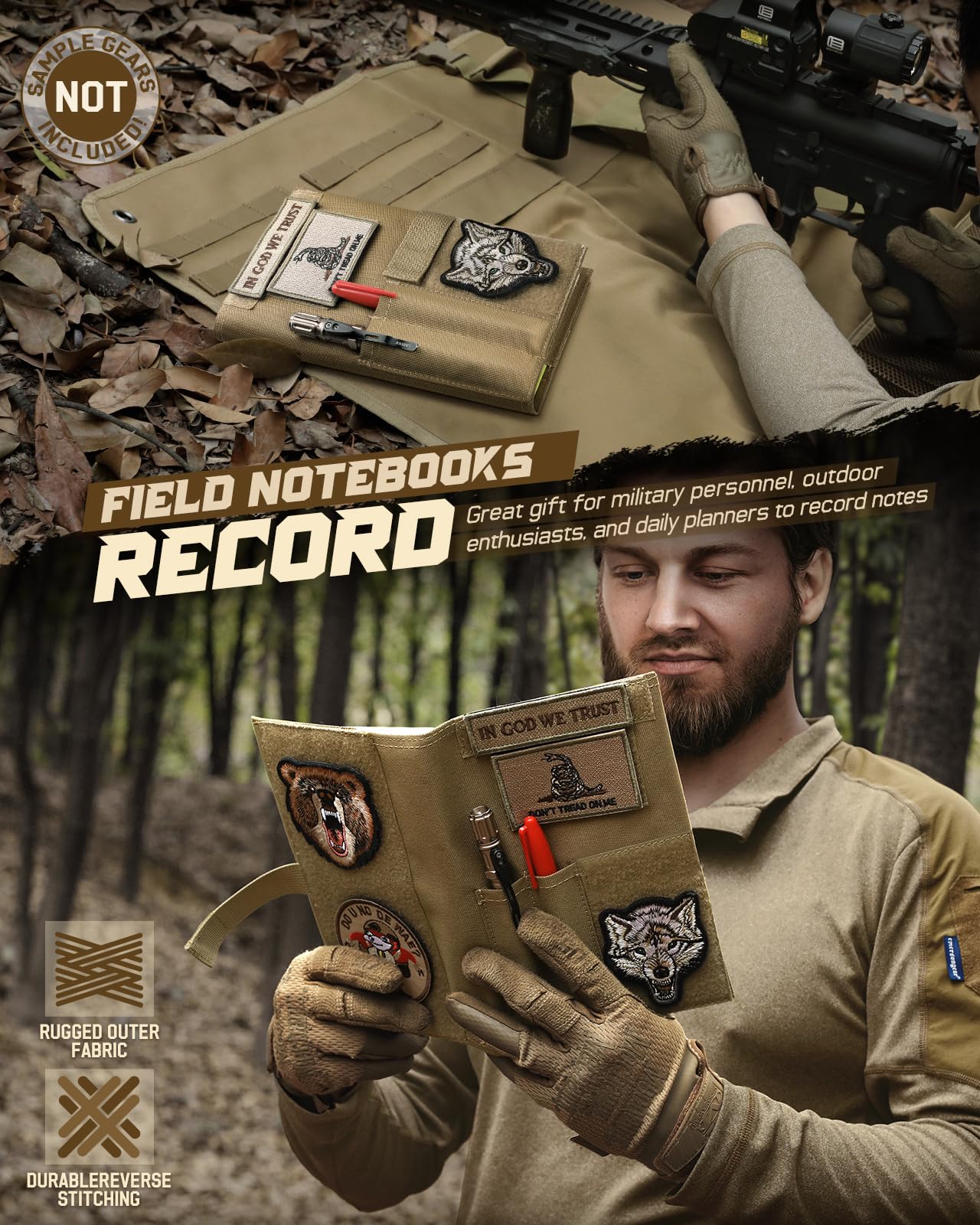 Tactical Book Cover for 5.5" x 8" Military Log Book, Green Book Protective Holder, Detachable Army Field Notebook Cover with Flag Patch, for Protecting (Tan, 5.7x8.7 in)