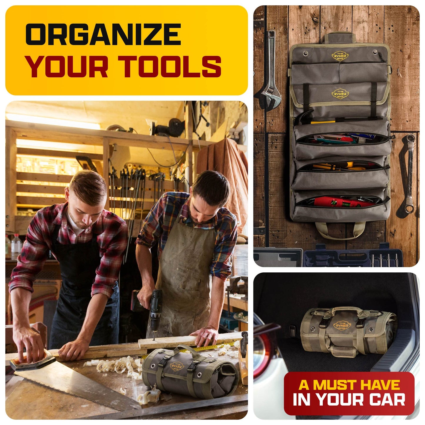 The Ryker Official PRO Tool BAG Organizer Heavy Duty Foldable Storage Bag with Detachable Pouches, Wrench Holder, Rugged Canvas for Mechanics, Electricians, Motorcycle Use, Practical Gift for Dads