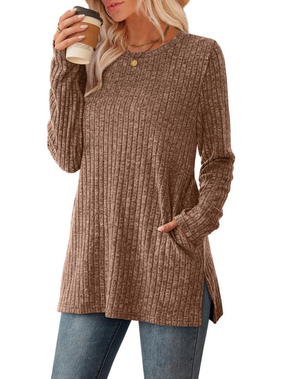 SAMPEEL Womens Sweaters Crewneck Long Sleeve Shirts with Pockets Fall Outfits 2025 Fashion Winter Clothing Side Slit