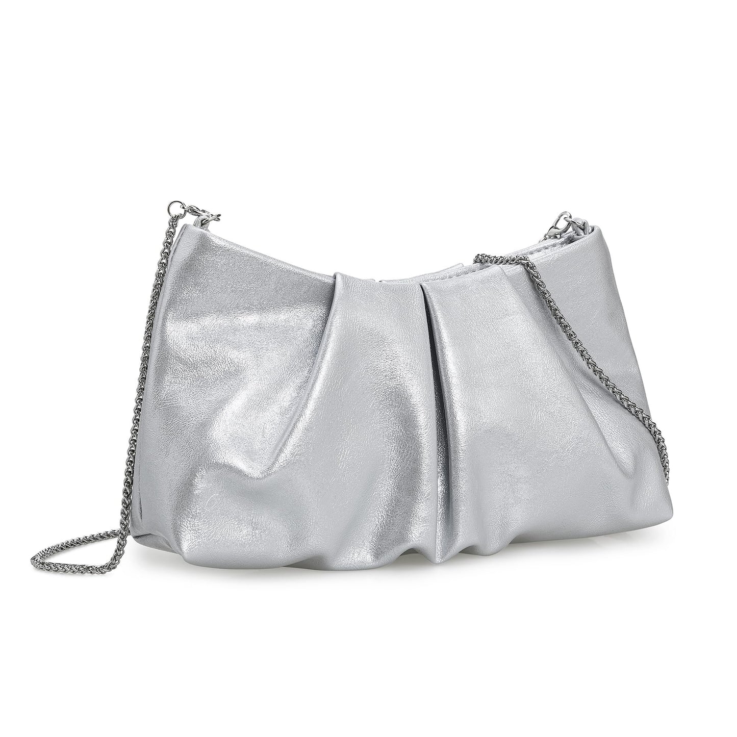 IXEBELLA Pleated PU Clutch Evening Purse for Women Dressy Formal Faux Leather Shoulder Handbag (Silver)