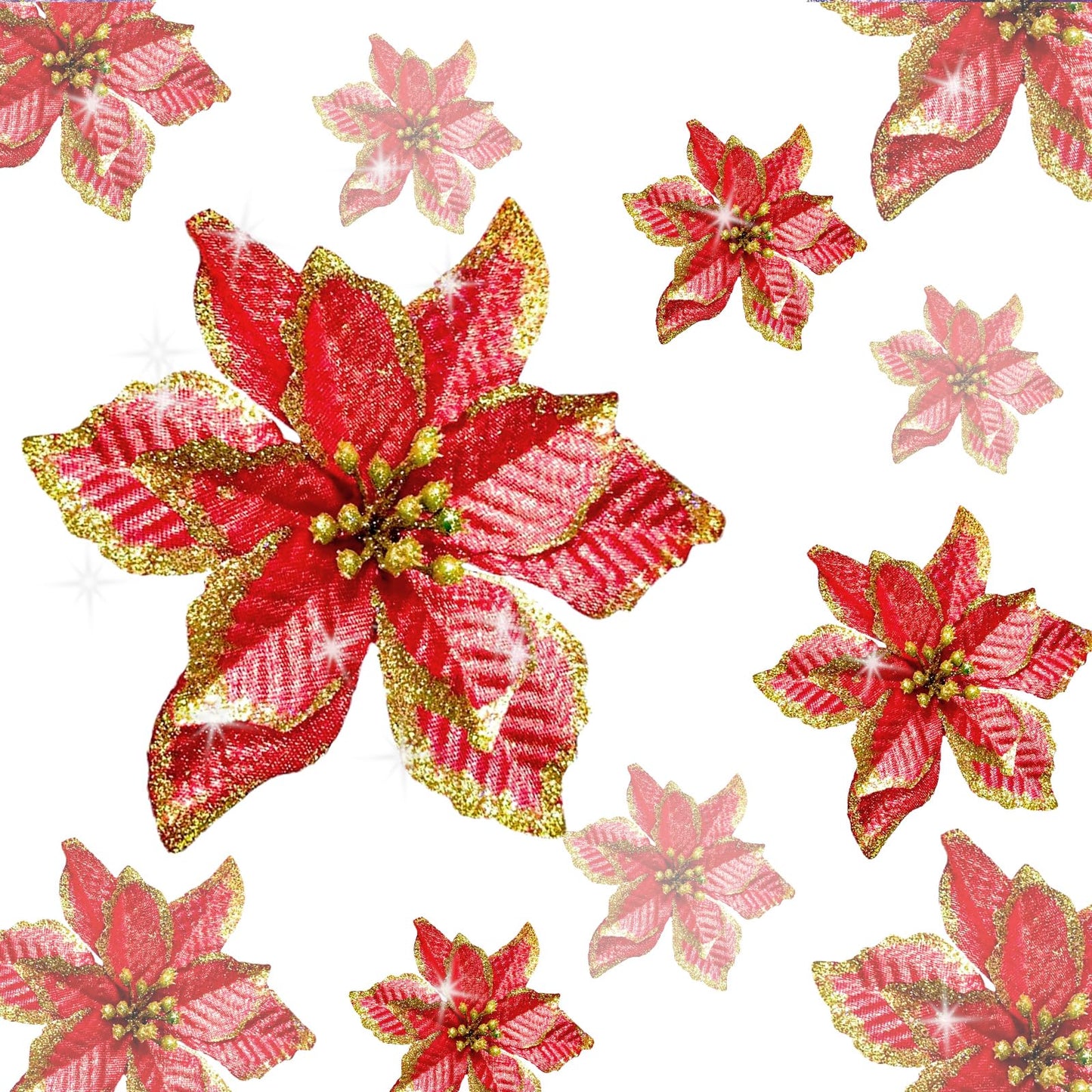 KEPATO Christmas Glitter Poinsettia Christmas Tree Ornaments Pack of 12 (Burgundy)