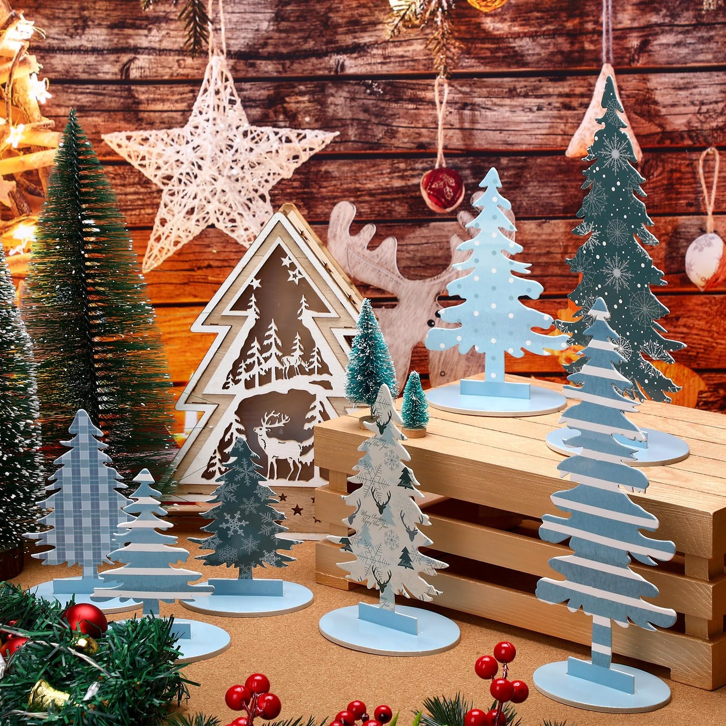 Namalu 16 Pcs Christmas Table Decorations Christmas Tree Centerpieces Buffalo Plaid Snowflakes Table Top Centerpiece for Home Indoor Xmas Winter Holiday Party Supplies Decor (Merry)