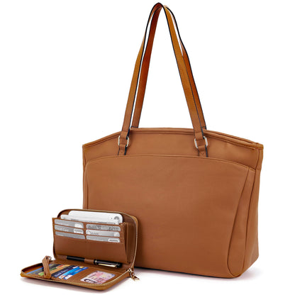 YZAOLL 15.6 Inch Laptop Tote Bag for Women,Water-resistant Vegan Leather with Anti-Scratch Padded Sleeve,Lightweight Multi-Pocket Work Bag for Business Travel,College,Office Essentials,Brown