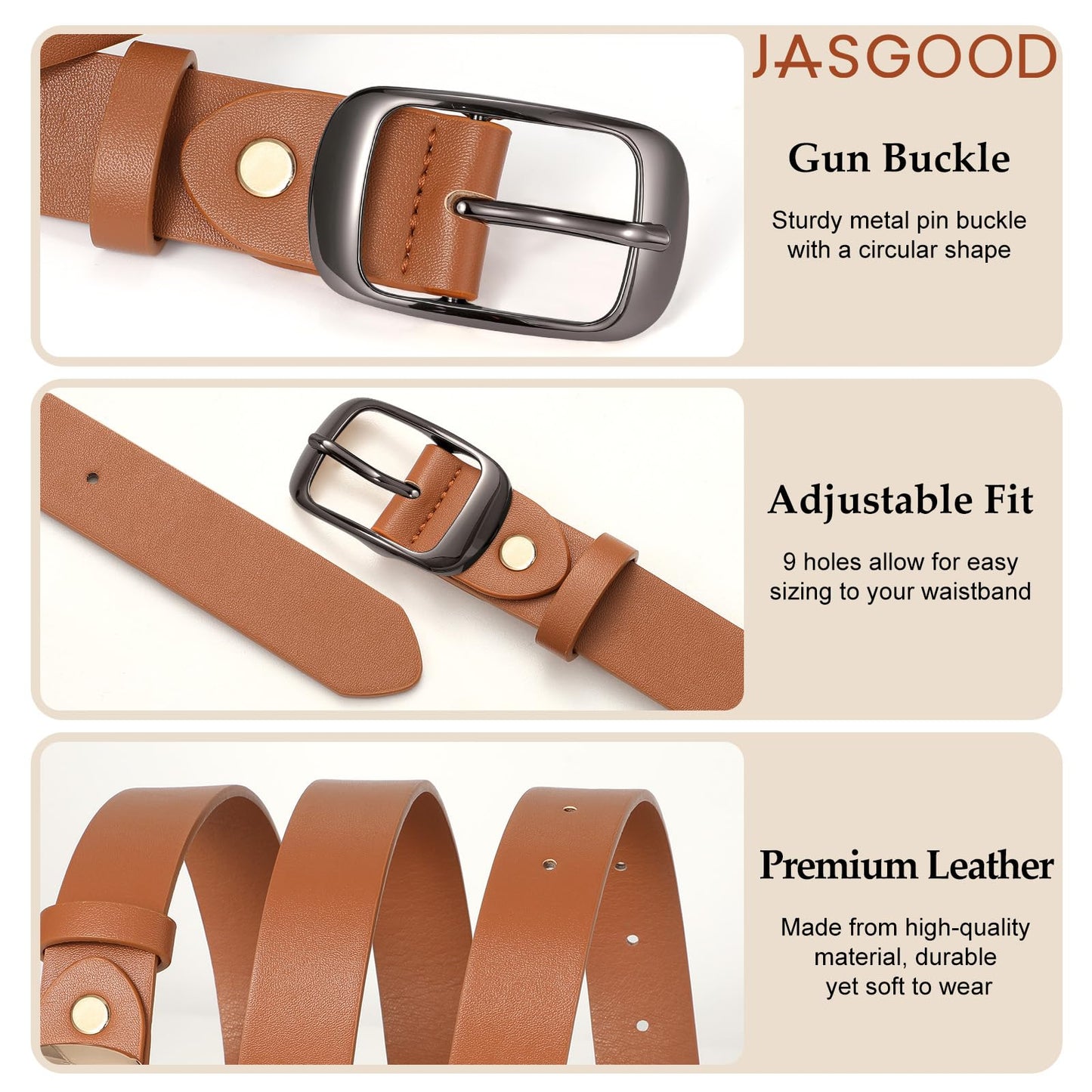 JASGOOD 3 Pack Women Belts for Jeans Pants Fashion Leather Waist Belt for Women with Gun Buckle, Black+Brown+Coffee