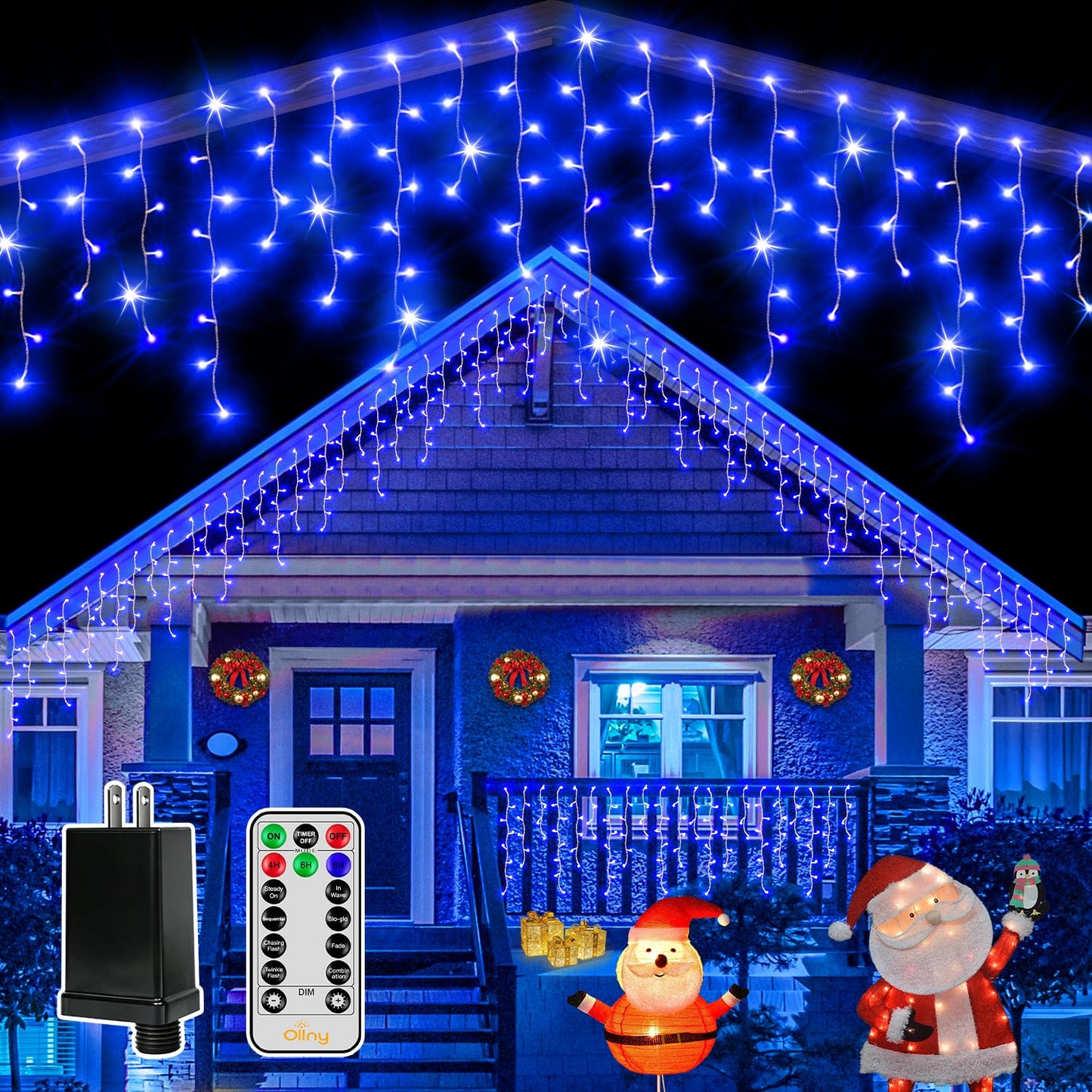 Ollny Icicle Lights for Outside 504LED 41FT, Blue Christmas Light with Remote 8Modes Timers Waterproof, Plug in Connectable Hanging Lights for Outdoor Indoor House Roof Holiday