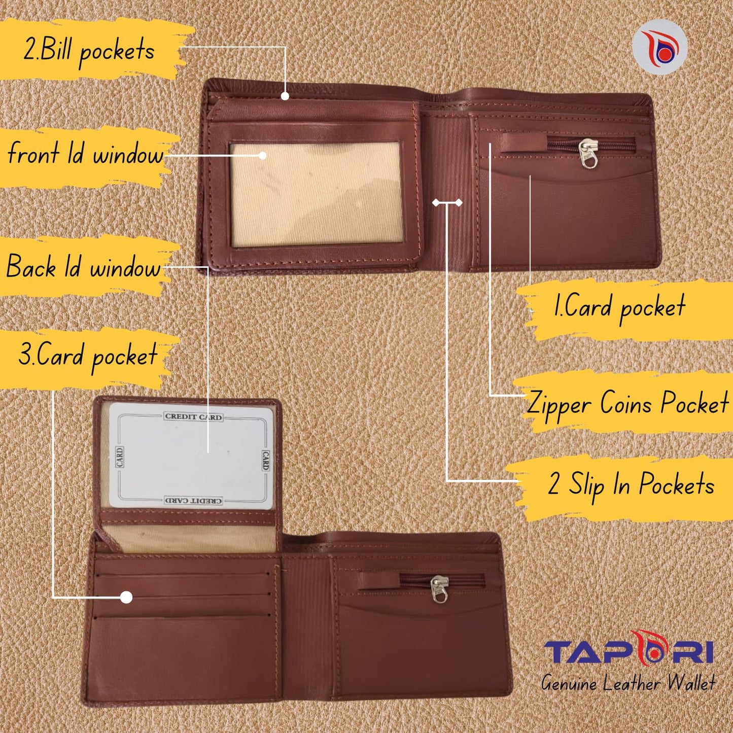 TAPORI Leather Wallets for Men | Men's Leather Bifold Wallet, Multiple Card Slots, ID Window, Zipper Coin Pocket, Available in | (Brown)