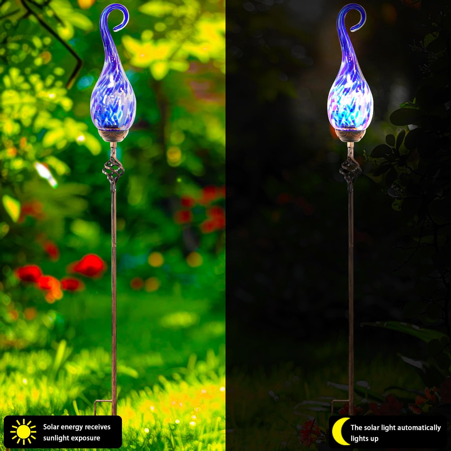Naboher Garden Solar Lights Outdoor, Decorative LED Pearlized Glass Spiral Garden Stake with Finial, Hand Blown Glass and Metal Outdoor Decoration, 3 x 36 Inch (Dark Blue)