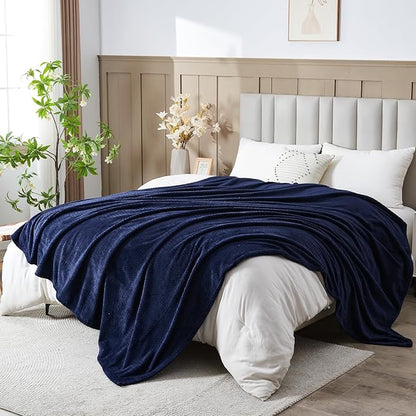 NEWCOSPLAY Super Soft Queen Blanket Dark Navy Premium Silky Flannel Fleece Leaves Pattern Lightweight Bed Blanket All Season Use (Dark Navy, Queen(90"x90"))